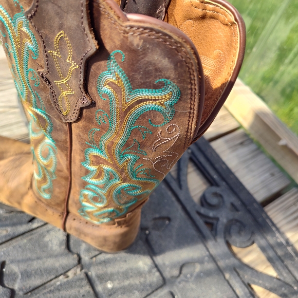 Justin Cowgirl Western Boots.Brown Teal Trim - Picture 8 of 11